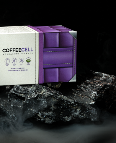 A purple box of COFFEECELL moccachino on rocks
