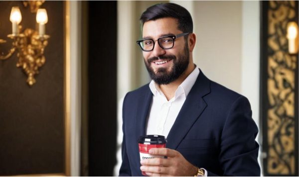 Narek in a dark blue suit with a COFFEECELL cup is smiling